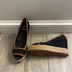 Tory Burch canvas peep toe wedges